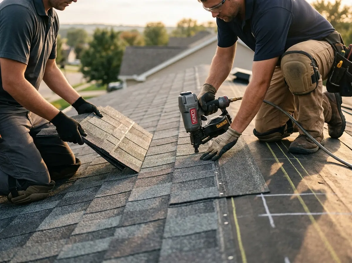 Professional roofer working on a residential roof in Folcroft